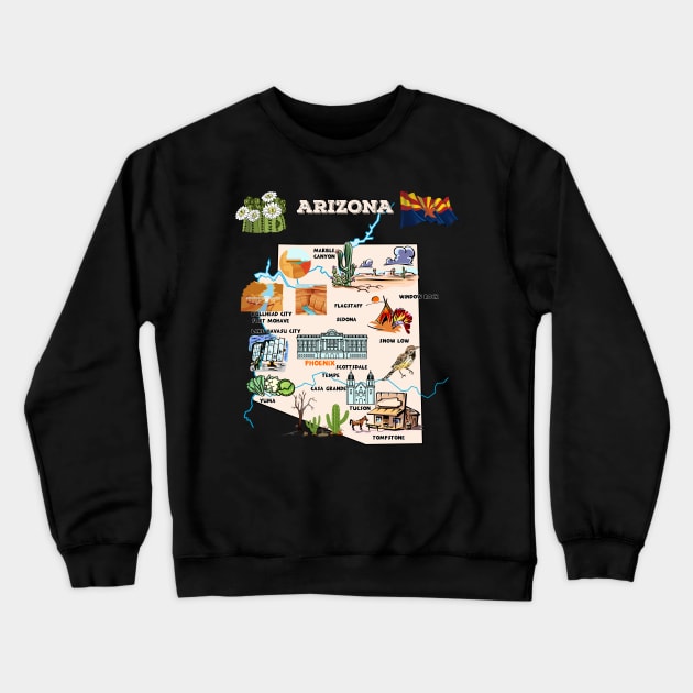 Hand Drawn Illustration of Arizona Map with Tourist Destinations, USA Crewneck Sweatshirt by Mashmosh